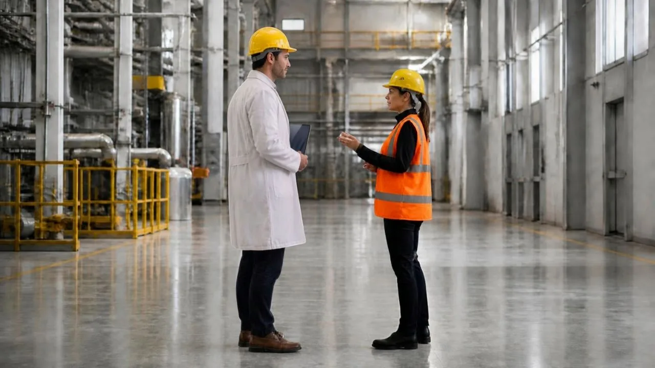 Medico competente e responsabile sicurezza si confrontano sulla sorveglianza sanitaria in un reparto industriale.