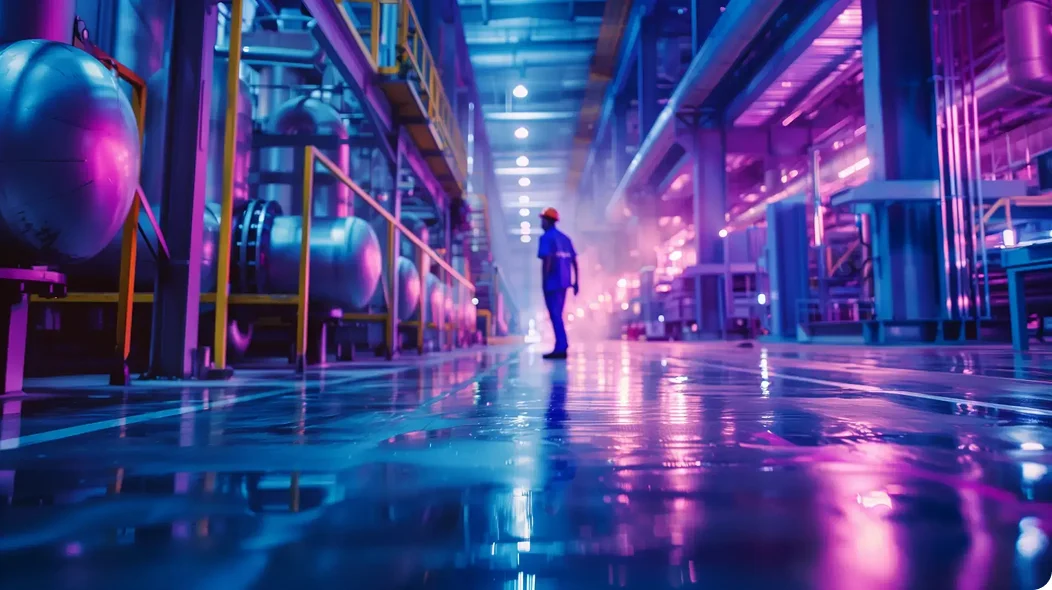 Operatore in tuta di sicurezza all'interno di un impianto industriale