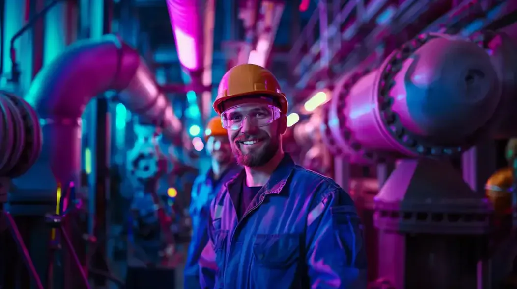 Operatore in tuta di sicurezza all'interno di un impianto industriale
