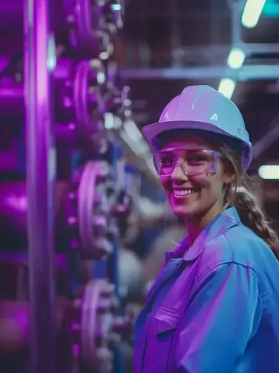 Professionista HSE sorridente in ambiente industriale